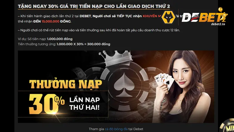 khuyen mai debet Khuyến mãi DEBET nạp tiền lần 2 – Thưởng 30% giá trị tiền nạp